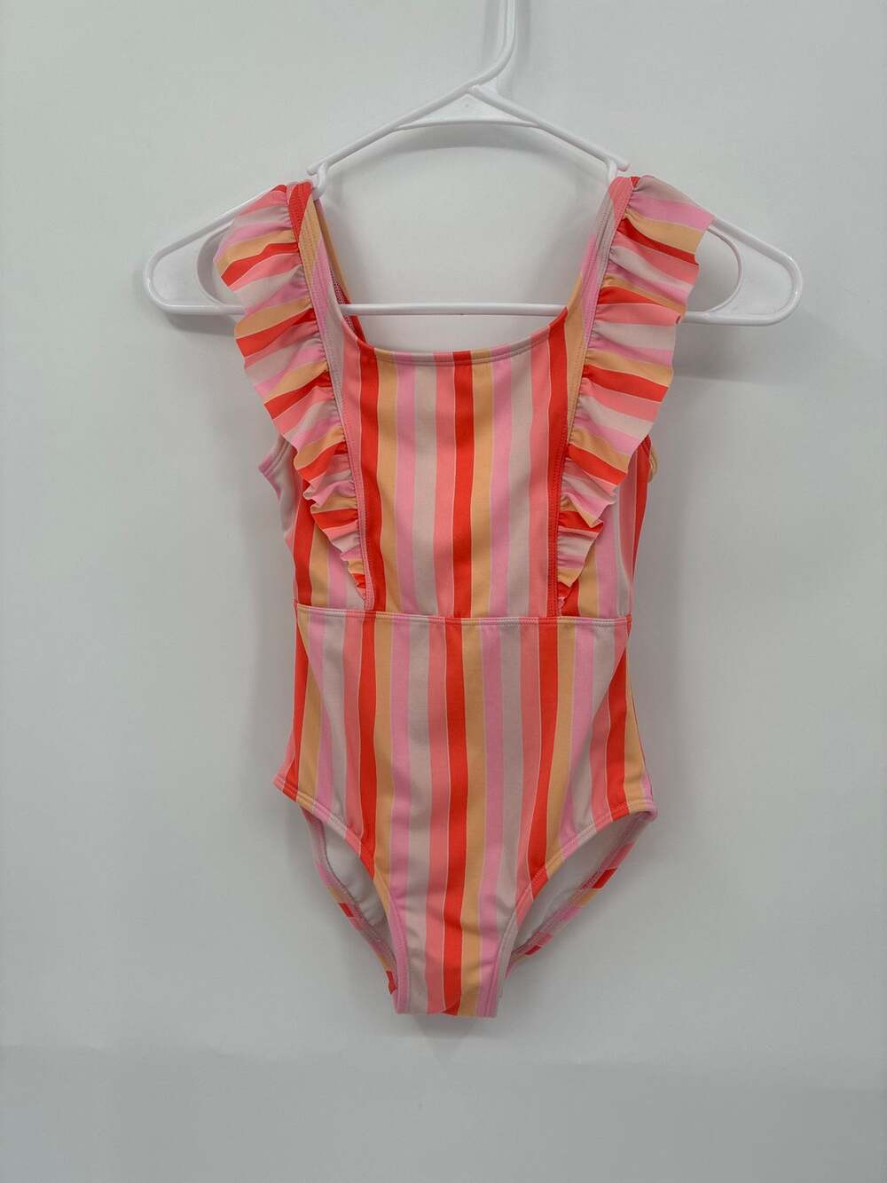Cat & Jack Swimsuit One Piece Orange Stripe Ruffle Straps Girls M 8